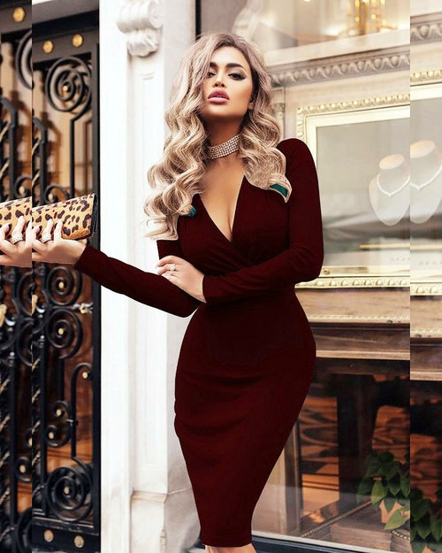 Women's Sexy Ribbed Sweater Dresses Bodycon V Neck Long Sleeve Midi