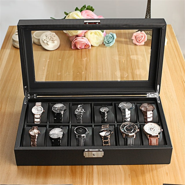 12 Slot Luxury Carbon Fiber Watch Box Black