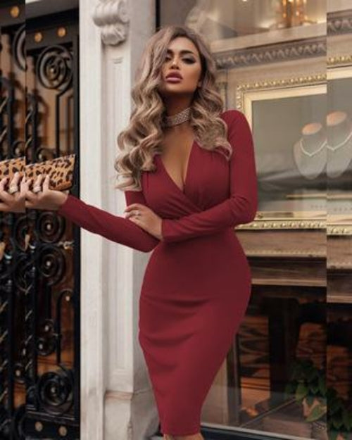 Load image into Gallery viewer, Women&#39;s Sexy Ribbed Sweater Dresses Bodycon V Neck Long Sleeve Midi
